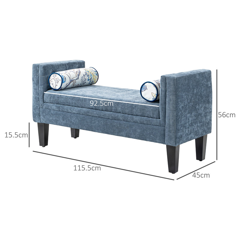 Panca Fondoletto Braccioli Trapuntati e 2 Cuscini 115,5x45x56 cm in Ciniglia e Legno Grigio-Blu e Nero  -3