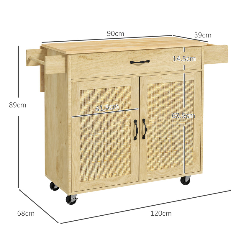 Carrello da Cucina con Piano Pieghevole 120x68x89 cm in Legno e Rattan Stile Boho-3