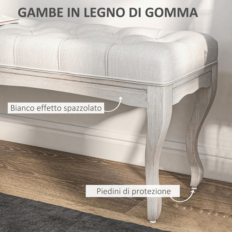 Panca Fondoletto Stile Vintage 110x37x49 cm in Tessuto Effetto Lino Bianco Crema  -5