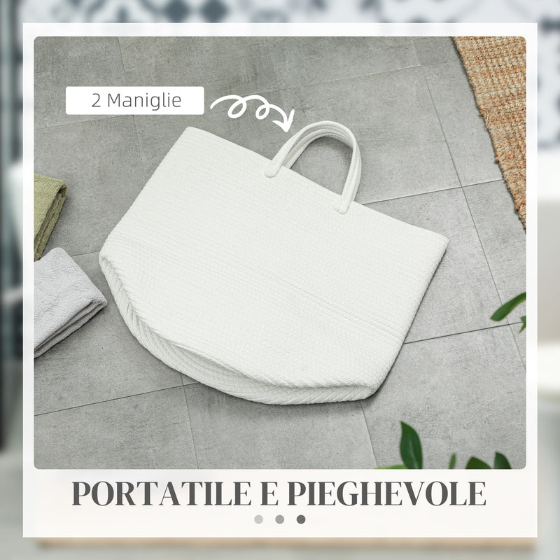 Cesto Portabiancheria Pieghevole con Manici 36L Ø38x45 cm in Cotone Naturale Bianco Crema -6