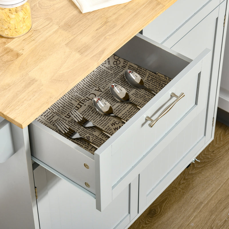 Carrello Isola da Cucina 2 Cassetti e Armadietto Piano in Legno 104x46x91 cm Grigio  -9