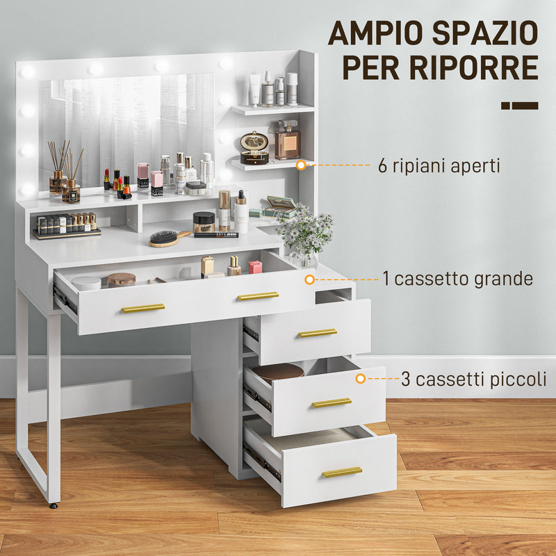 Tavolo da Trucco in Legno 100x40x138 cm con 4 Cassetti 6 Ripiani Aperti e Specchio Bianco-4