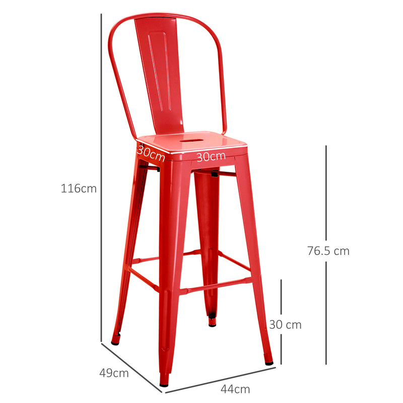 Set 2 Sgabelli da Bar Stile Industriale Schienale Rimovibile 44x49x116 cm in Metallo Rosso-3