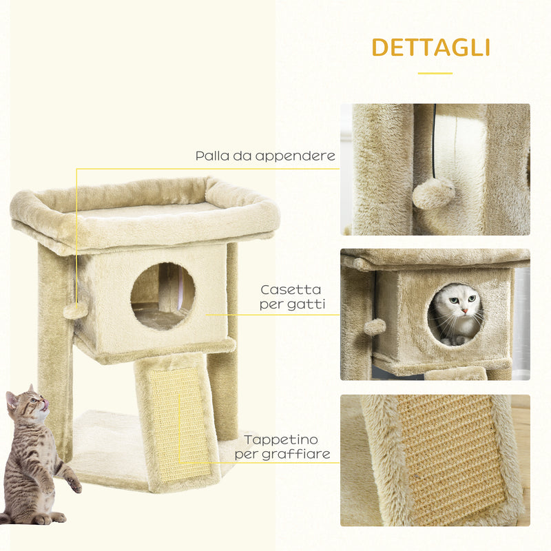 Albero Tiragraffi per Gatti con Casetta e Lettino 40x40x57 cm in Peluche e Juta Marrone-5