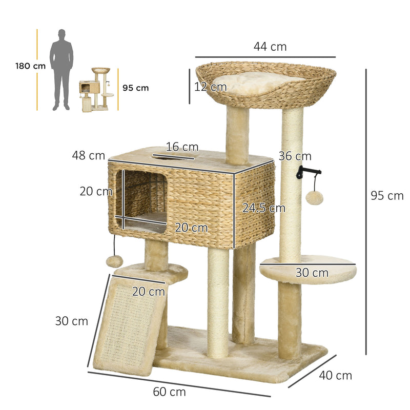 Albero Tiragraffi per Gatti con Casetta e Trespolo 60x40x95 cm Marrone e Beige  -3