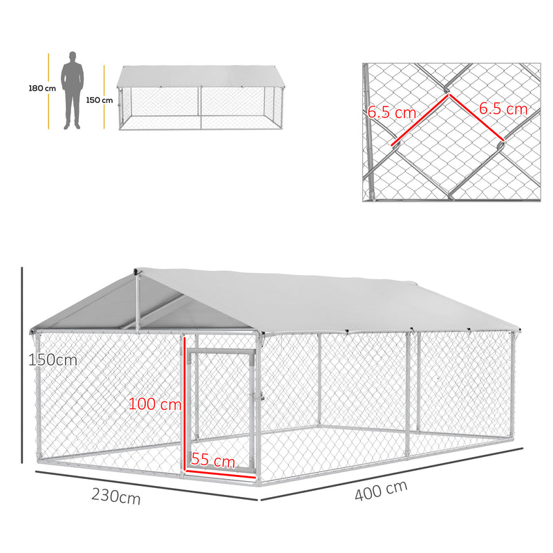 Recinto per Cani Grandi fino 30kg per Esterno 4x2,3x1,5m con Tetto Impermeabile e Anti-UV Argento-3