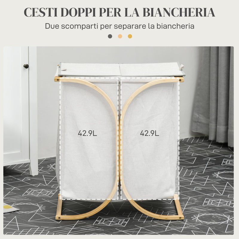 Cesto Portabiancheria 2 Sezioni con Coperchio 55x40x62 cm in Bambù e Poliestere Grigio -4