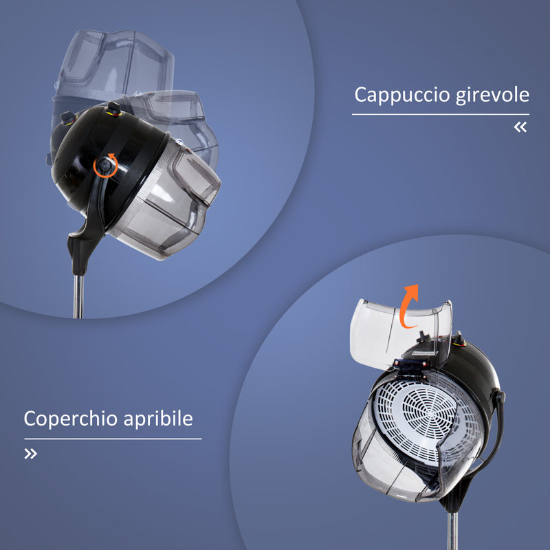 Casco Asciugacapelli 1180W ad Altezza Regolabile 65x65x115-165 cm con Timer 60 Minuti e Ruote Girevoli Nero-4