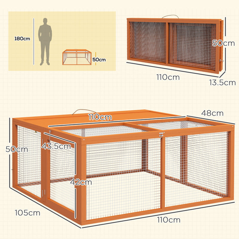 Conigliera da Esterno Pieghevole per 2-3 Roditori con Ingressi Multipli 110x105x50 cm in Legno e Acciaio Arancione-3