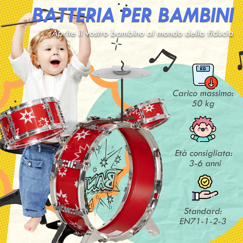 Batteria Musicale Giocattolo per Bambini Grancassa 2 Tamburi e Piatti con Bacchette e Sgabello Rosso  -4