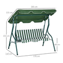 Dondolo 3 Posti con Tettuccio Regolabile 170x110x153 cm in Acciaio e Poliestere Verde e Bianco-3