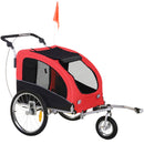 Rimorchio Bici per Cani Taglia Media a 2 Ingressi 126-155x83x108 cm con Finestrelle e Tettuccio Apribile Rosso-1