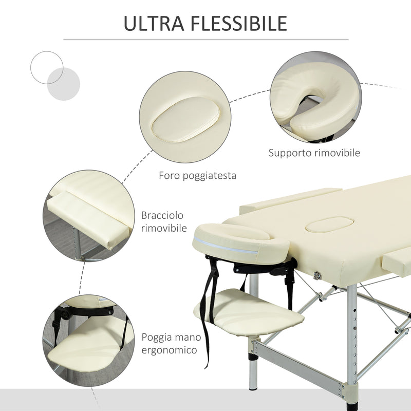 Lettino Massaggi Portatile Pieghevole 185x70x59-84 cm in Alluminio e Similpelle Bianco-5