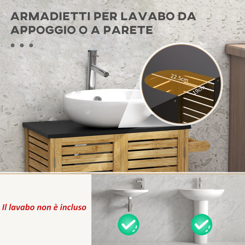 Mobile Sottolavello da Bagno 60,5x30,5x69,5 cm 2 Ante a Doghe Porta Asciugamani e Intaglio a U Legno e Nero -4