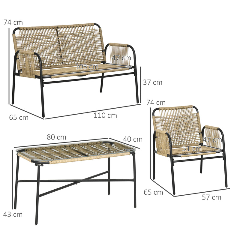 Set Salotto da Giardino con Divanetto e 2 Poltrone con Cuscini e Tavolino in Rattan PE Giallo-3