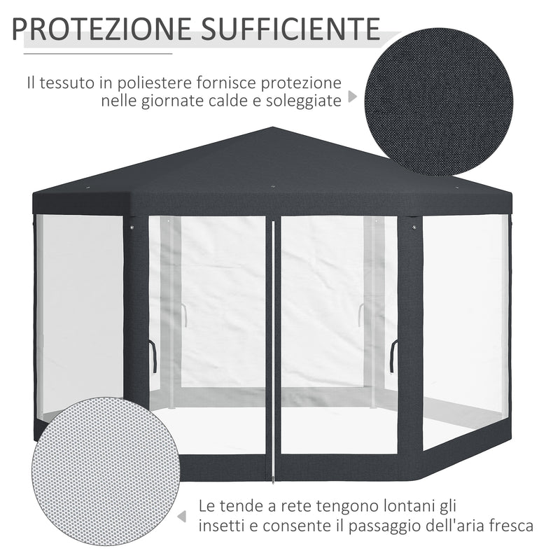 Gazebo da Giardino Esagonale con Doppio Ingresso 3.94x3.94x2.5 m in Metallo e Poliestere Grigio-4