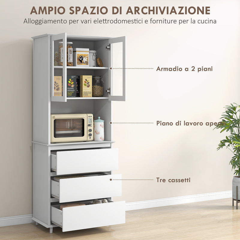 Dispensa Cucina Alta con Armadietto a 2 Livelli e 3 Cassetti 68x38x172 cm in MDF Bianco-4