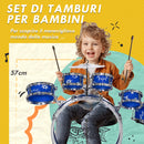 Batteria Musicale Giocattolo per Bambini Grancassa 5 Tamburi e Piatti con Bacchette e Sgabello Blu  -4