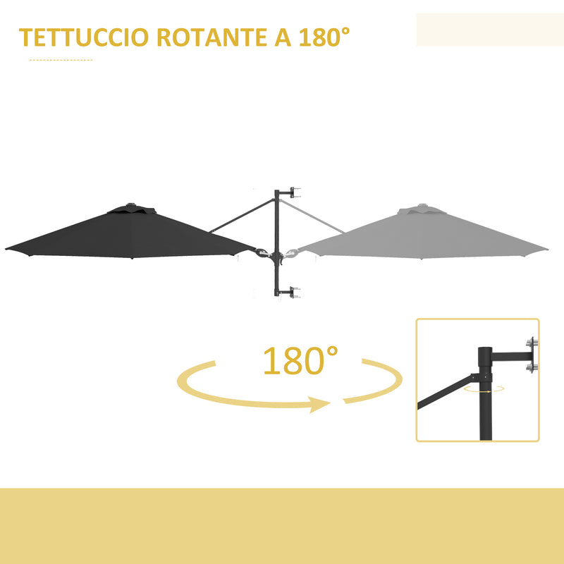 Ombrellone da Giardino da Parete Ø2,92x1,23 m Girevole a 180° con Manovella e 8 Stecche Grigio-4