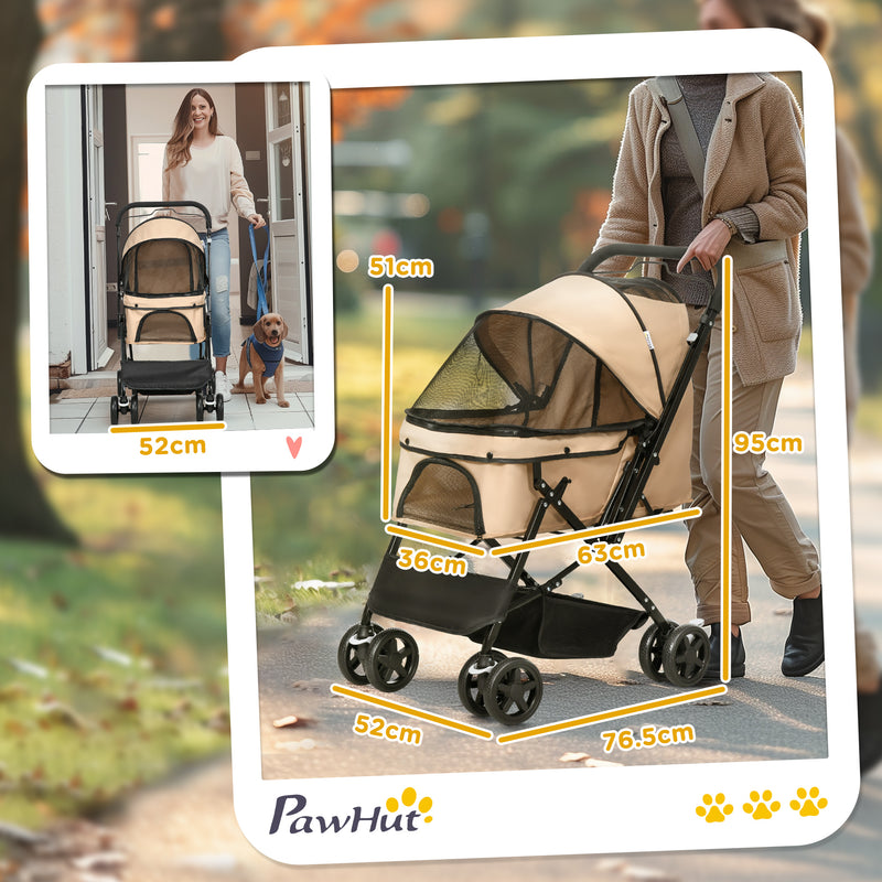 Passeggino per Cani Piccoli Pieghevole Maniglione Reversibile 76,5x52x95cm Marrone Chiaro -3