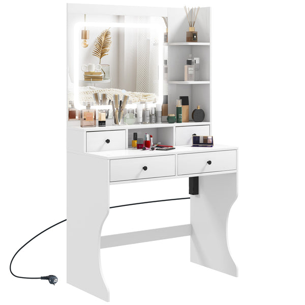 sconto Consolle Trucco con Luci LED 3 Tonalità Specchio e Prese USB 90x45x160 cm Bianco