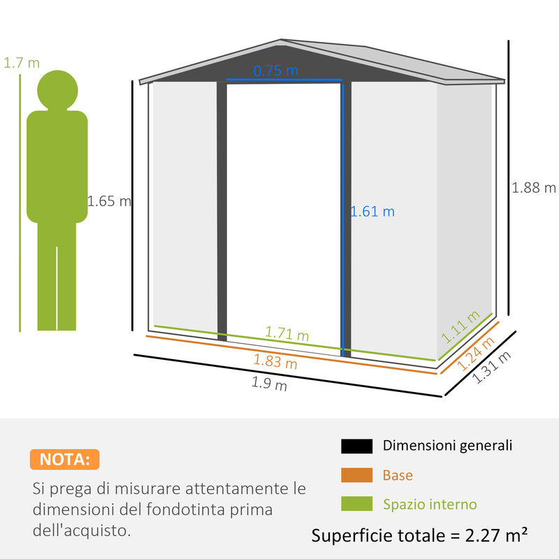 Casetta da Giardino con Prese d'Aria e Catenaccio 1,9x1,3m in Acciaio Quercia-3