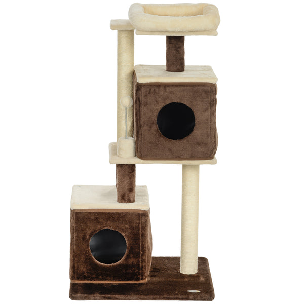 sconto Albero Tiragraffi per Gatti 55x48x107 cm 2 Casette Lettino e Pallina in Tessuto Peluche Marrone e Beige