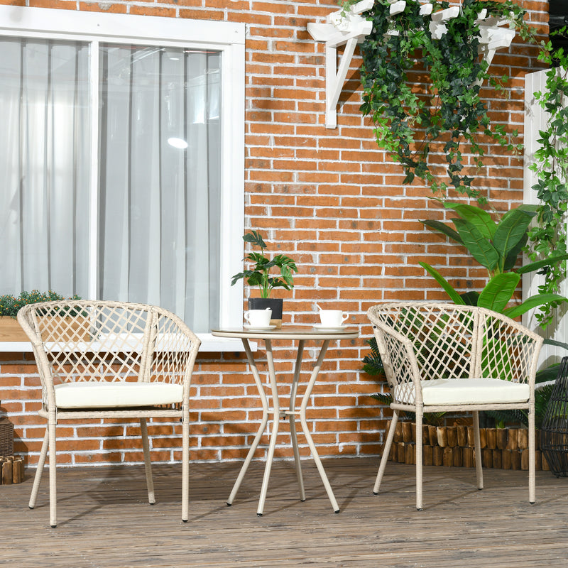 Set Tavolino con Piano in Vetro e 2 Poltrone da Giardino in Rattan PE Acciaio e Poliestere Khaki-2