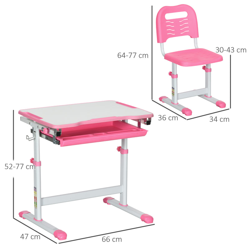 Banco Scuola per Bambini Piano Inclinabile e Sedia Regolabile 66x47x52-77 cm Rosa -3