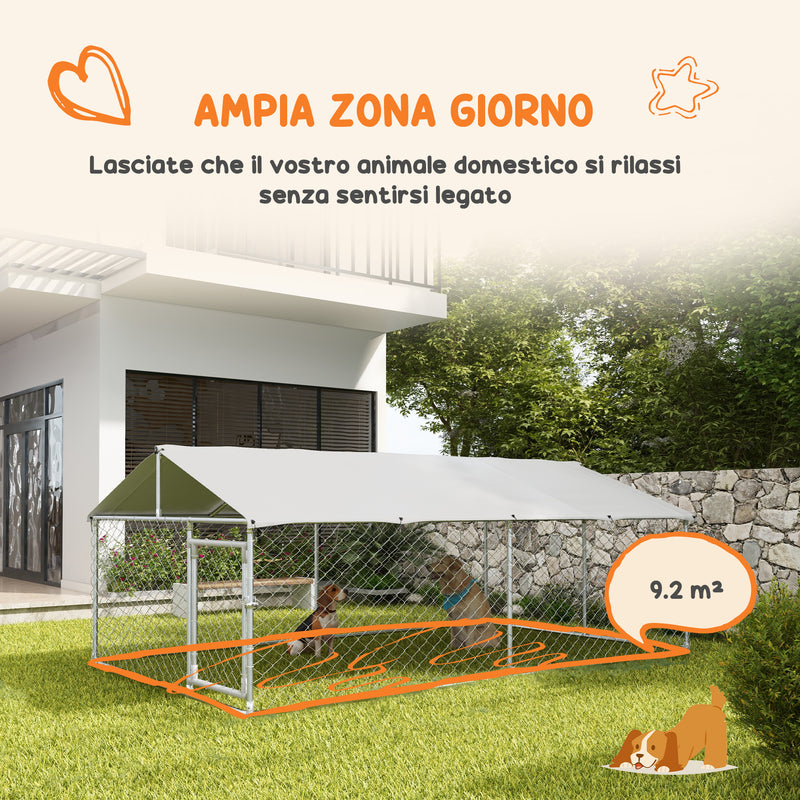 Recinto per Cani Grandi fino 30kg per Esterno 4x2,3x1,5m con Tetto Impermeabile e Anti-UV Argento-5