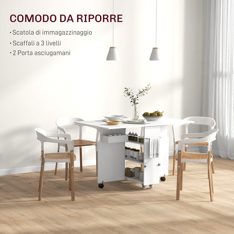 Tavolo a Ribalta Pieghevole con Ripiani a 3 Livelli Box e Rotelle 130x80x76,5 cm in MDF Bianco-6