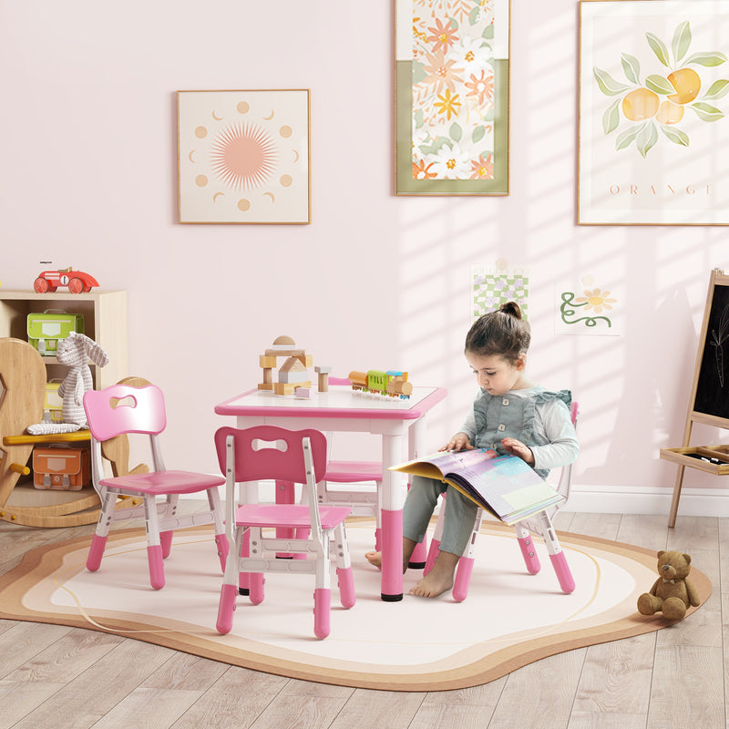 Set Tavolo con 4 Sedie per Bambini Altezza Regolabile Rosa  -2