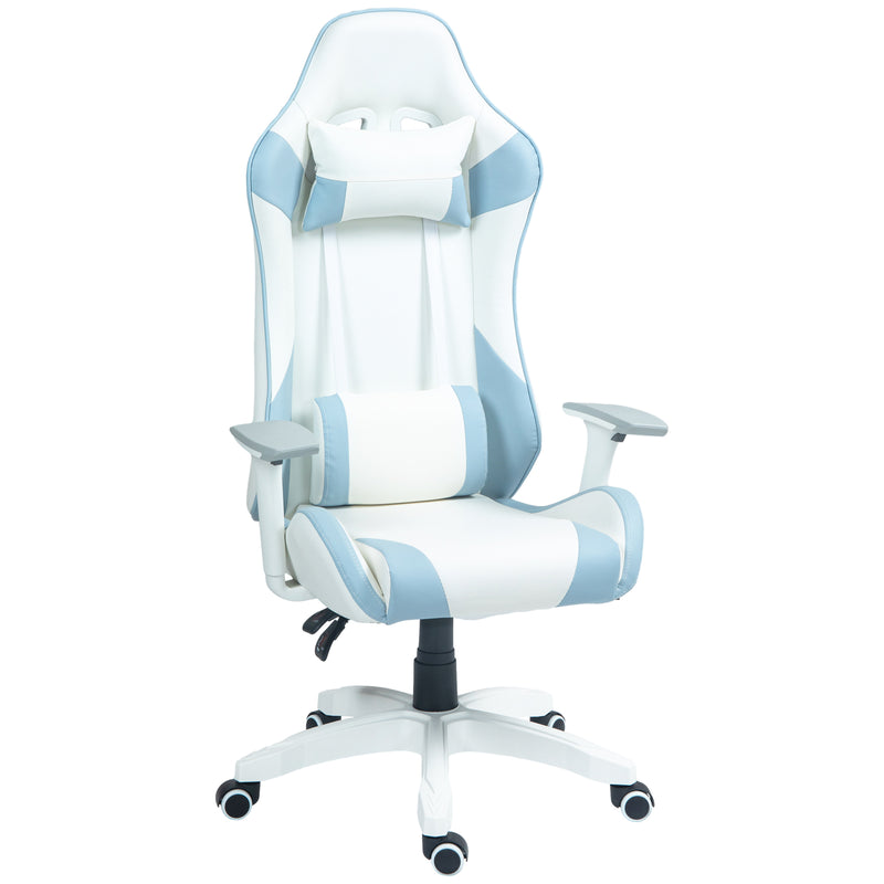 Sedia da Gaming Reclinabile 135° con Poggiatesta e Supporto Lombare 67x60x120-128 cm in Similpelle Azzurro-1