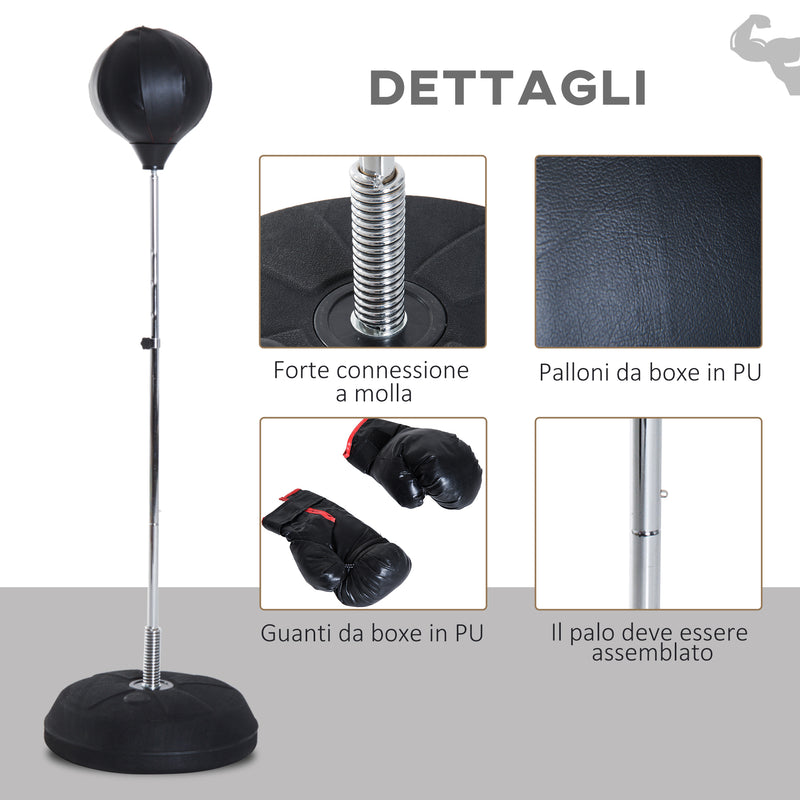 Punching Ball Sacco Boxe da Terra Altezza Regolabile 126-144 cm con Guantoni Nero-7