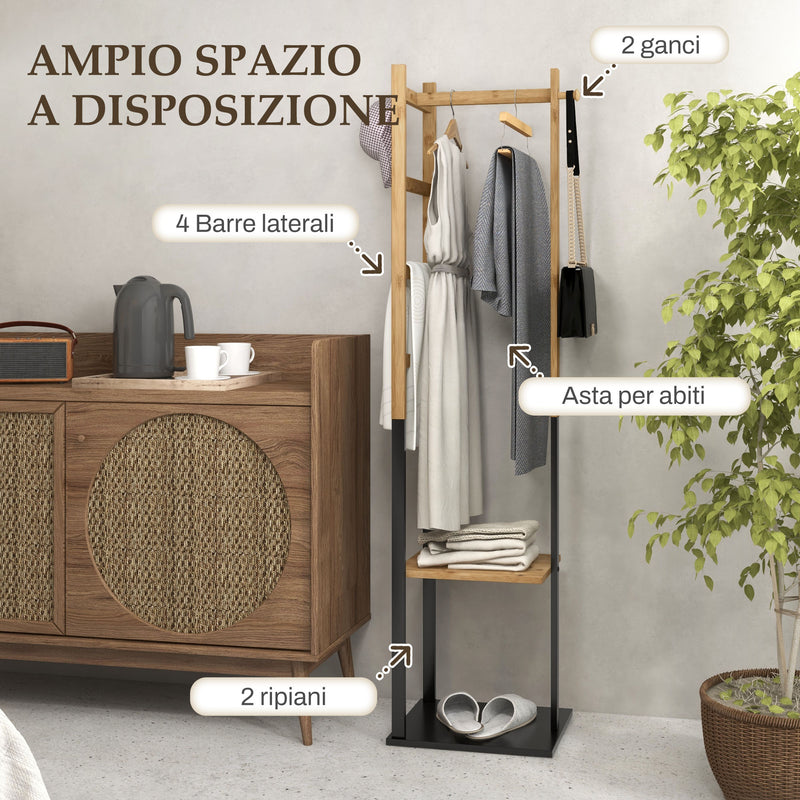 Appendiabiti da Terra 2 Ganci e 2 Ripiani 46x28,5x153,5 cm Legno e Nero -4