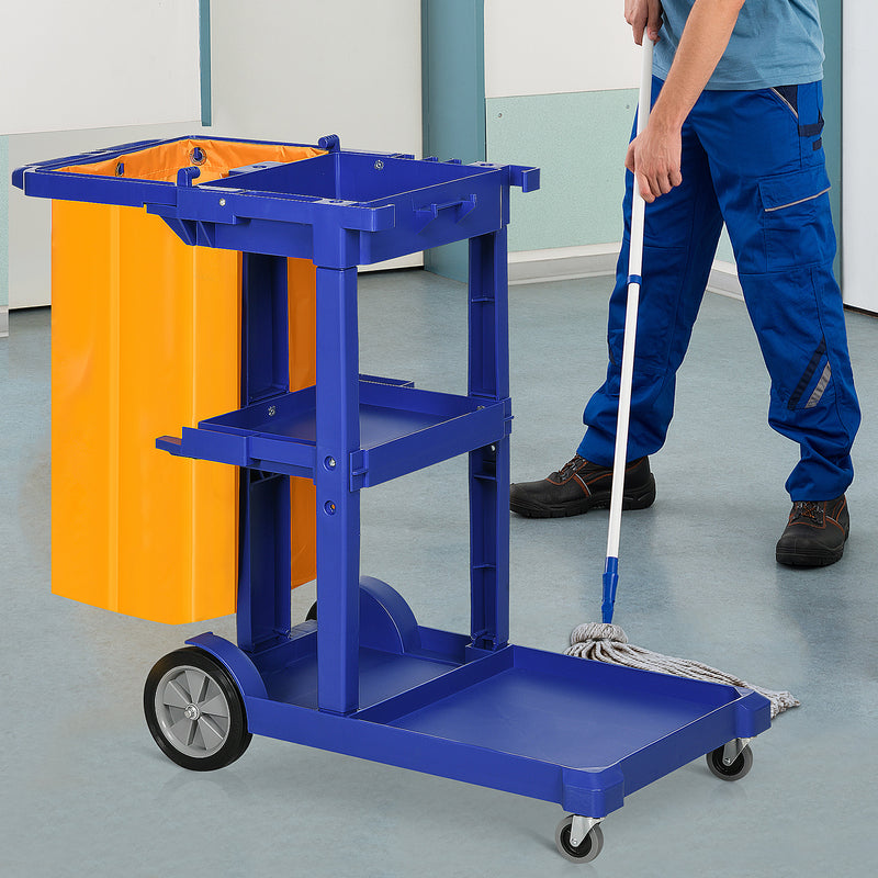 Carrello Pulizie 3 Ripiani Sacco da 100L 121x50,5x96,5 cm Blu Giallo e Grigio  -2