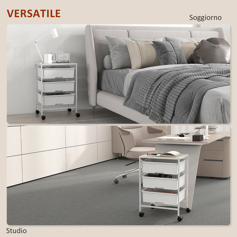 Carrello Multiuso con 3 Cestini Estraibili e Ruote 40,8x33,5x60,5 cm in Acciaio e PP Bianco-6