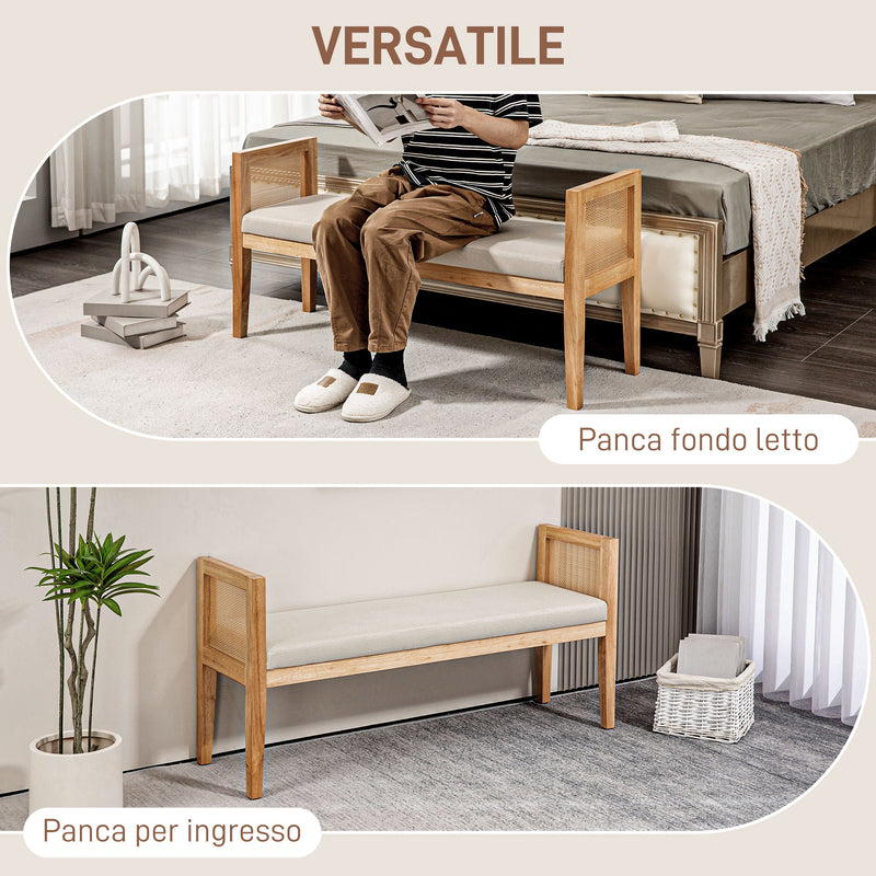 Panca Fondoletto Stile Boho 120x38x61,5 cm Seduta Effetto Lino Braccioli in Rattan Crema -6