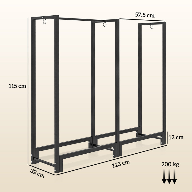 Portalegna per Camino da Esterno a 2 Sezioni 123x32x115 cm con Ganci e Anelli in Acciaio Verniciato Nero-3