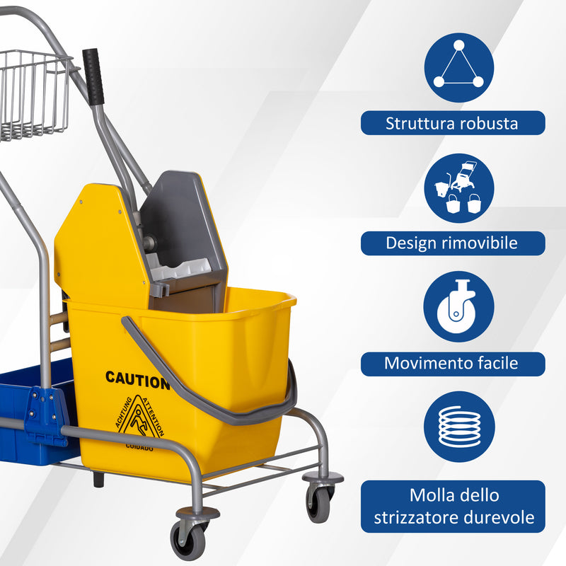 Carrello Pulizie Professionale con Strizzatore Secchio 25L e Ripiano Blu e Giallo -4