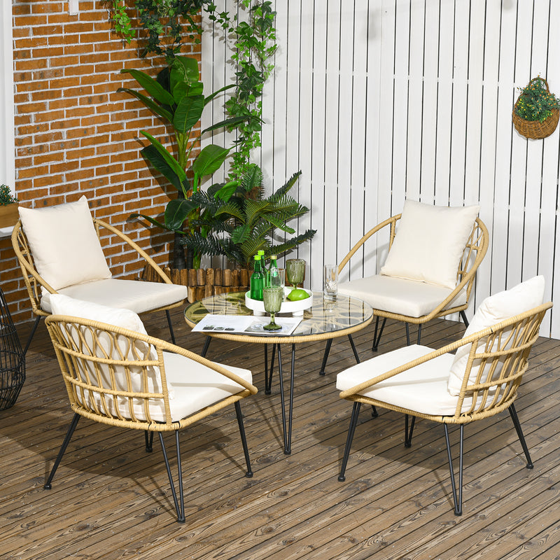 Set Tavolino con Vetro Temperato e 4 Sedie con Cuscini da Giardino in Acciaio e PE Rattan Giallo Nero e Beige-2