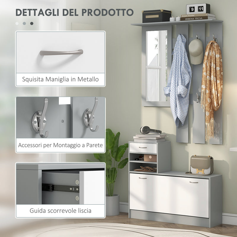 Mobile Guardaroba per Ingresso con Specchio Appendiabiti e Scarpiera Regolabile 90x24x177 cm Bianco e Grigio  -5