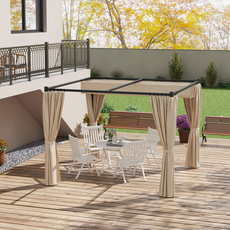 Pergola da Giardino con Tetto Retrattile e Tende 300x300x227 cm in Metallo e Poliestere Beige-2