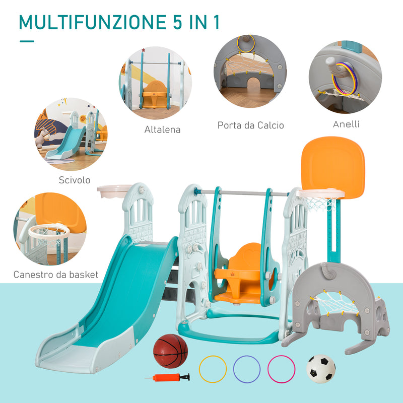 Set Gioco 5 in 1 per Bambini Scivolo Altalena Canestri Porta di Calcio e Anelli    -4