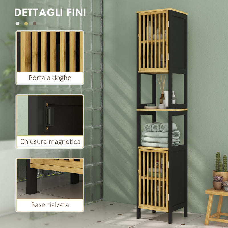 Mobiletto Bagno a Doghe con 2 Ripiani Aperti e 2 Armadietti 32x30x172 cm in MDF e Bambù Nero e Color Legno-7