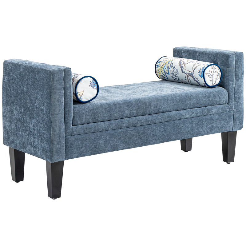 Panca Fondoletto Braccioli Trapuntati e 2 Cuscini 115,5x45x56 cm in Ciniglia e Legno Grigio-Blu e Nero  -1