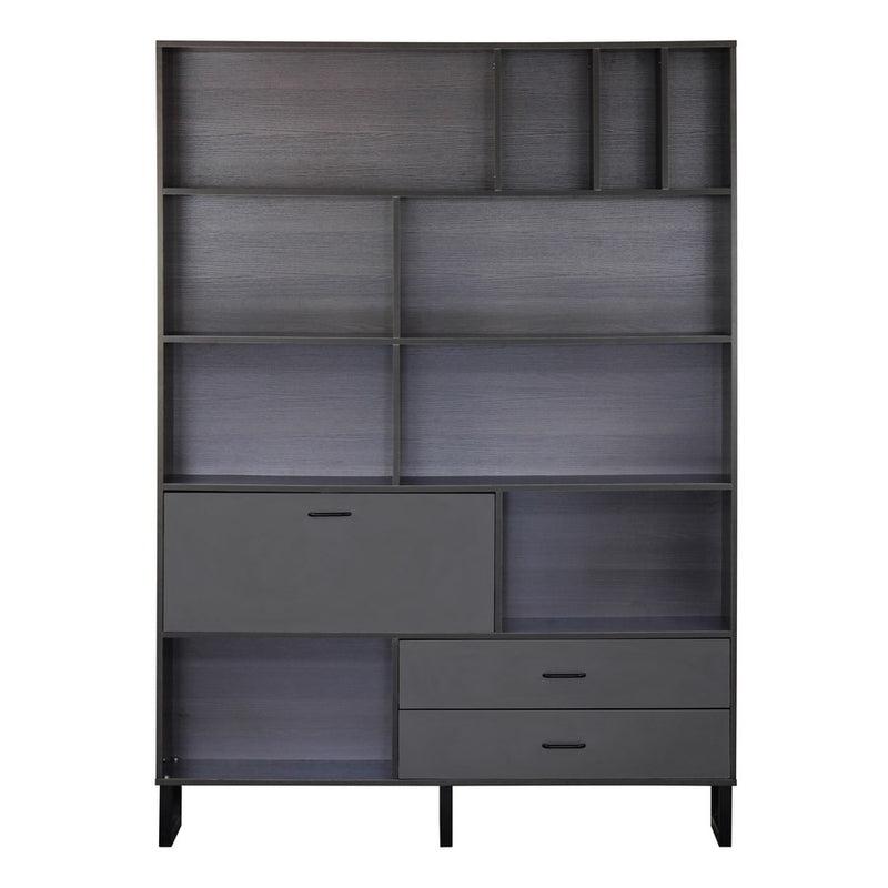 Libreria 8 vani 2 cassetti 1 anta 140x195x35 cm in legno effetto olmo scuro e grigio-3