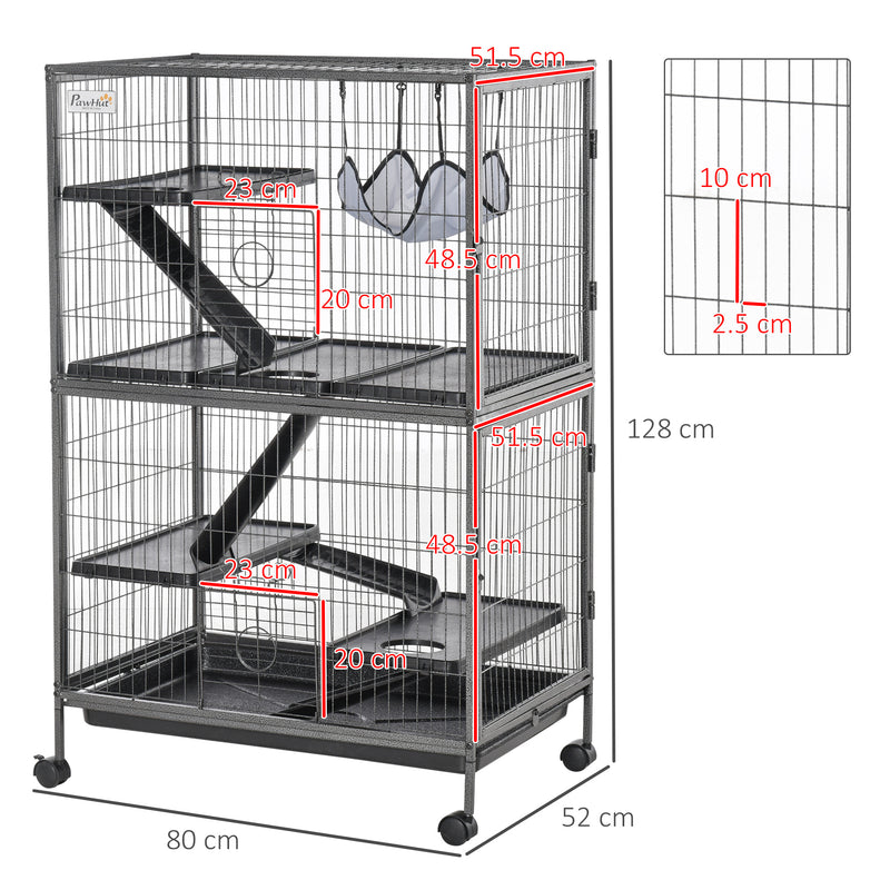 Gabbia per Conigli a 5 Livelli con 4 Ingressi e Amaca 80x52x128 cm in Metallo e PP Argento e Nero-3