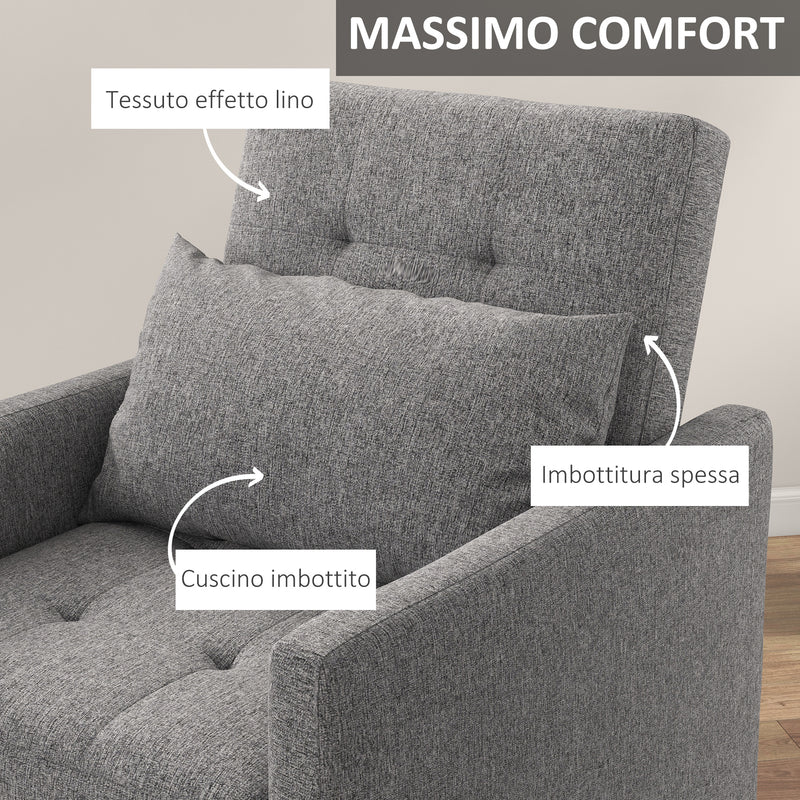 Poltrona Letto Singolo Reclinabile con Cuscino Sfoderabile in Tessuto Effetto Lino Grigio  -5