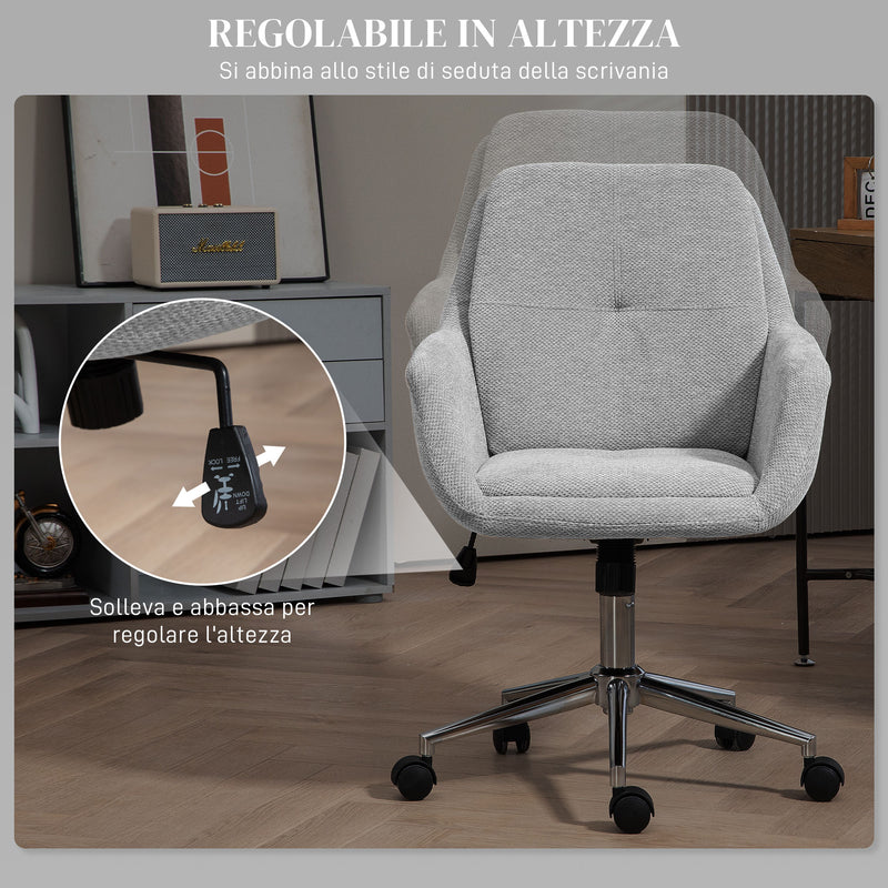 Sedia da Ufficio Girevole ad Altezza Regolabile 55x66x86-96 cm in Tessuto Effetto Lino e Acciaio Grigio Chiaro-4